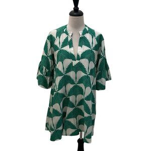 Kasia Women's Crane Print V-Neck Bell Sleeve Mini Dress Green White Size Medium